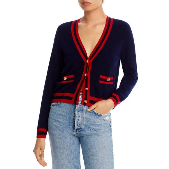 AQUA 100% Cashmere Stripe Trim Novelty Button Cardigan Sweater XXL Navy Red NEW - Picture 2 of 11